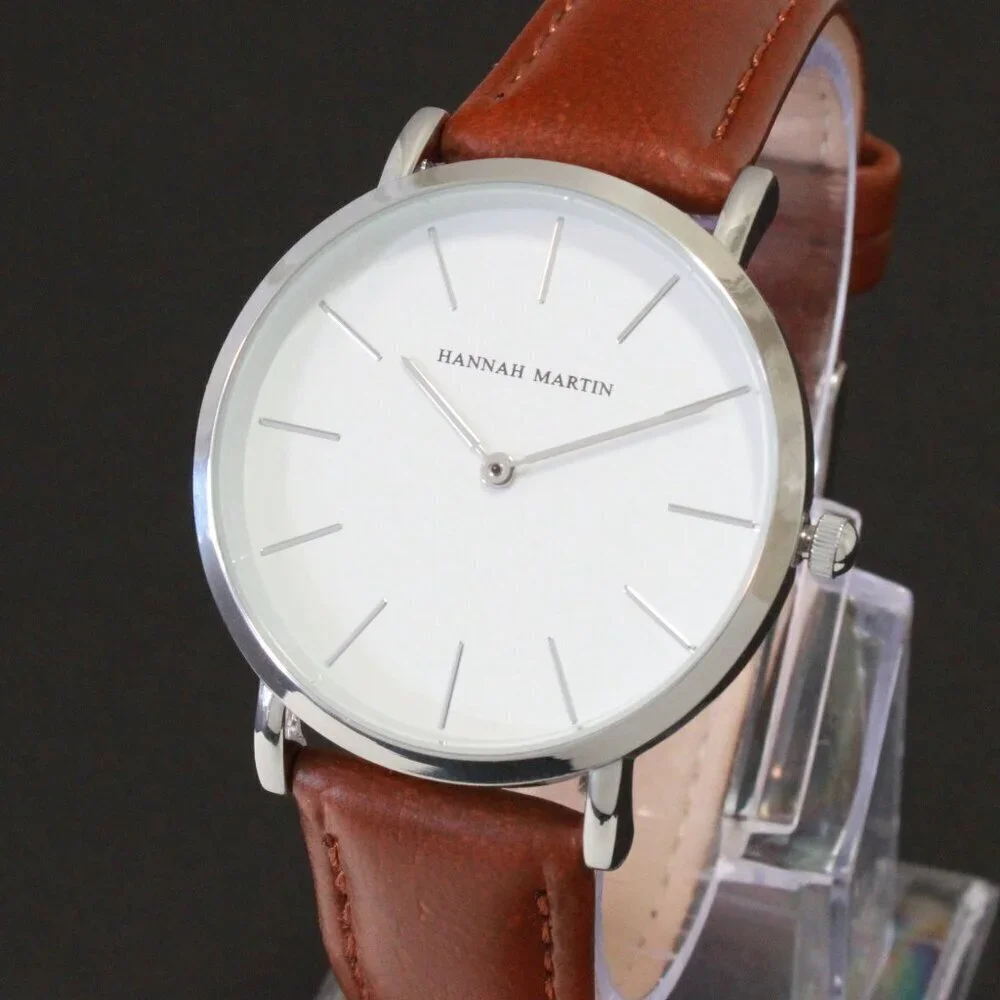 Men's Classic Minimalist 2 Hand Quartz Watch Raised Indices Brown Strap 36mm
